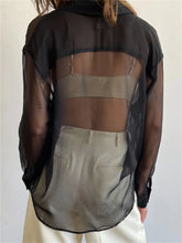 Mesh See Through Lapel Button-Down Tops Spring Autumn Solid Casual Blouse